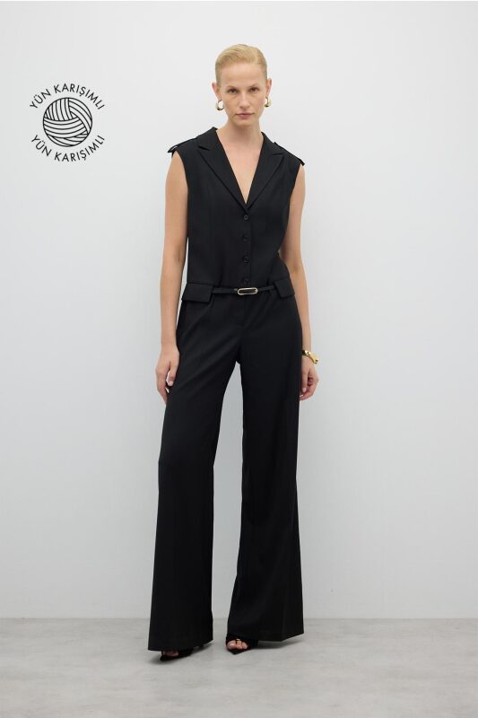 Çıkarılabilir Kemer Detaylı Geniş Paça Tulum Siyah - 1