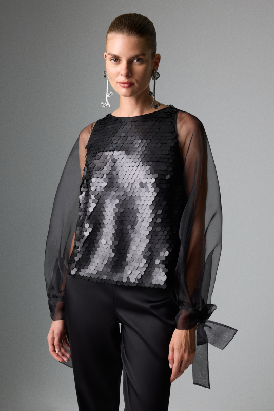 Organze Balon Kollu Payet Bluz Siyah - 1