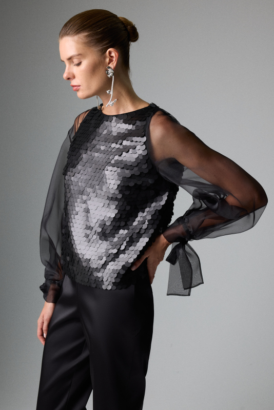 Organze Balon Kollu Payet Bluz Siyah - 4