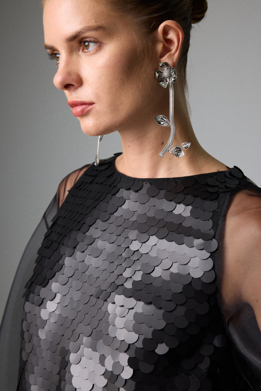 Organze Balon Kollu Payet Bluz Siyah - 5