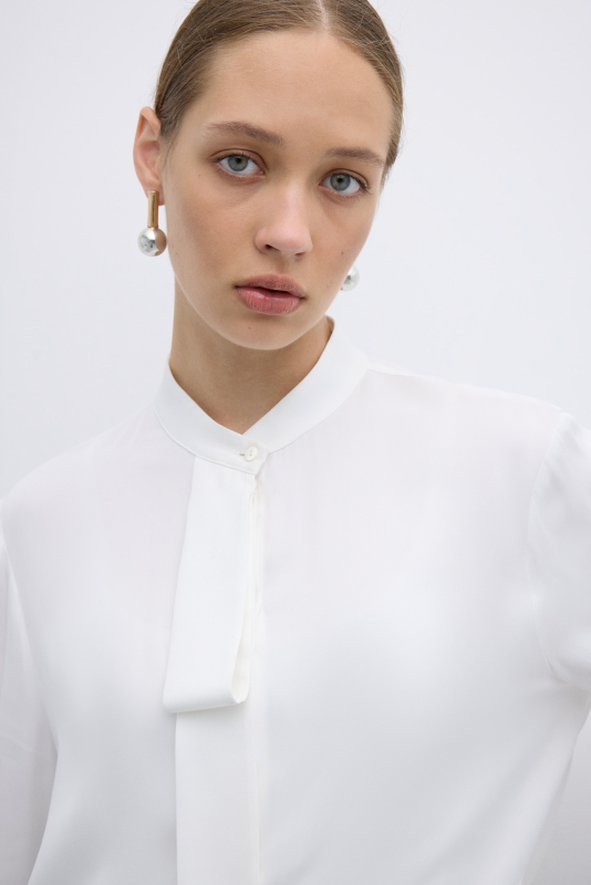 Kendinden Fularlı Hakim Yaka Gömlek Ekru - 3