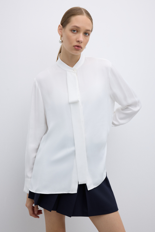 Kendinden Fularlı Hakim Yaka Gömlek Ekru - 1