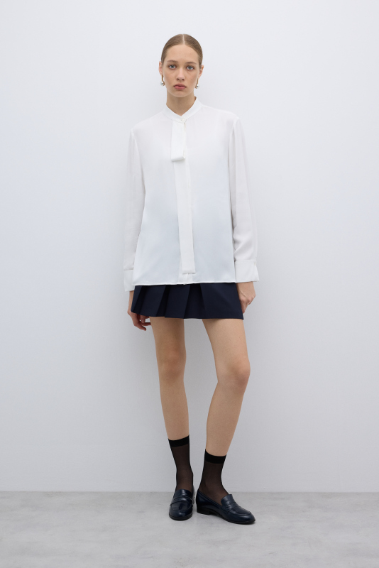 Kendinden Fularlı Hakim Yaka Gömlek Ekru - 4