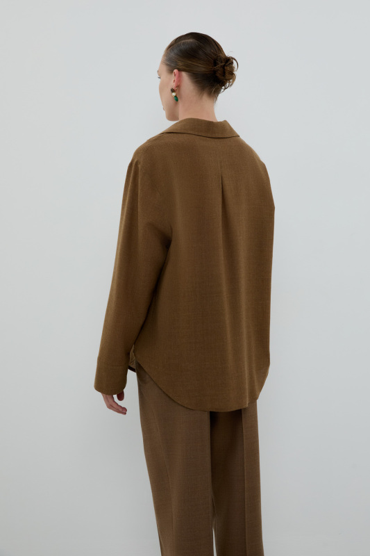 %100 Yün V Yaka Pili Detaylı Gömlek Kahve - 2