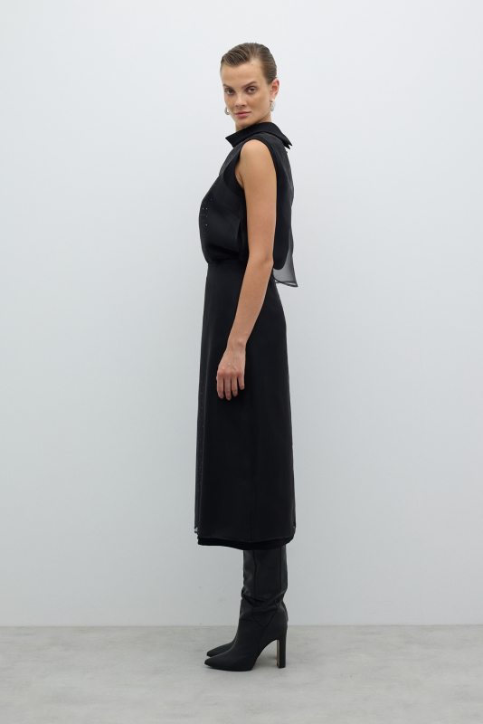 Taş Baskılı Midi Boy Etek Siyah - 2