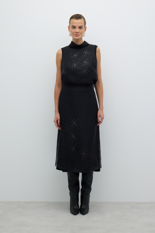 Taş Baskılı Midi Boy Etek Siyah - 1