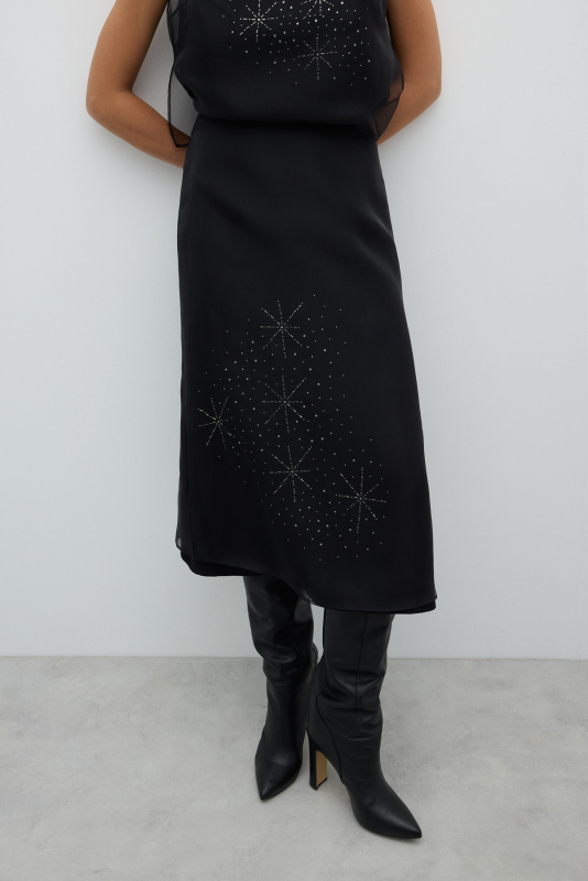 Taş Baskılı Midi Boy Etek Siyah - 3