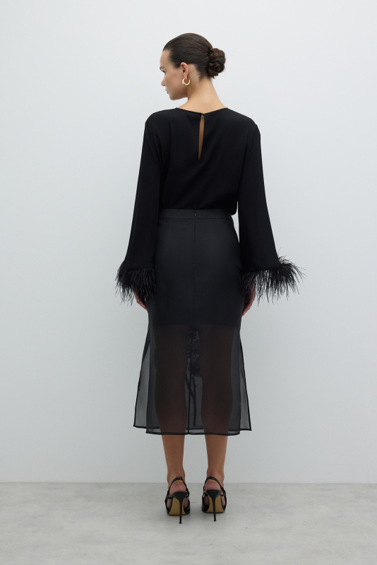 Nakış İşlemeli Yanları Yırtmaçlı Midi Boy Etek Siyah - 2