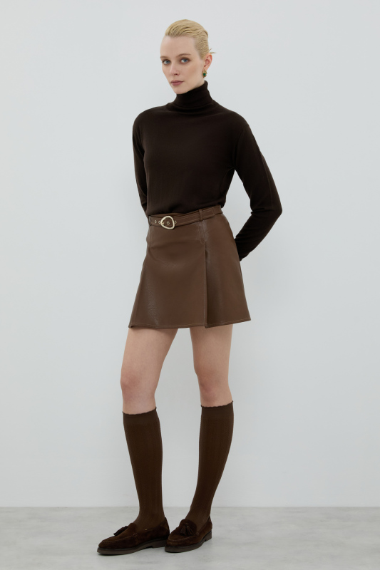 Beli Kemerli Mini Etek Kahve - 3