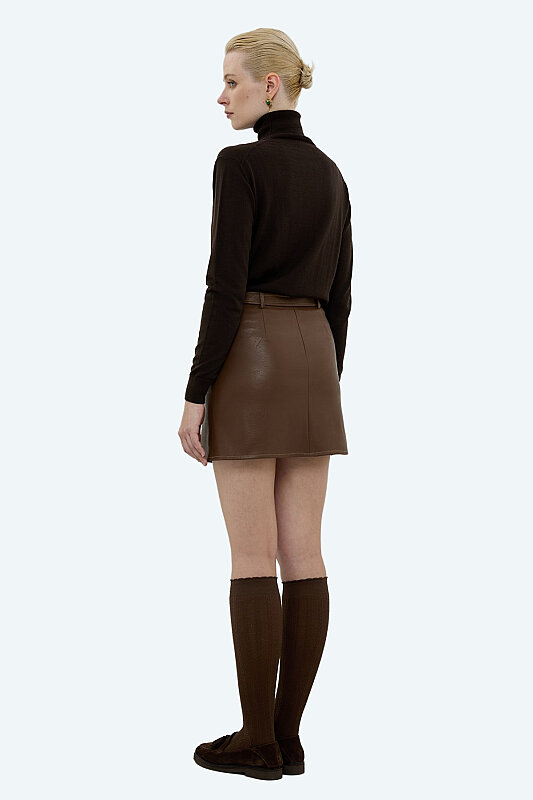 Beli Kemerli Mini Etek Kahve - Roman (1)
