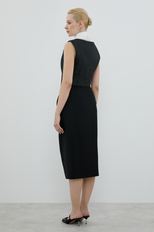 Çift Pileli Önü Yırtmaçlı Midi Boy Etek Siyah - 2