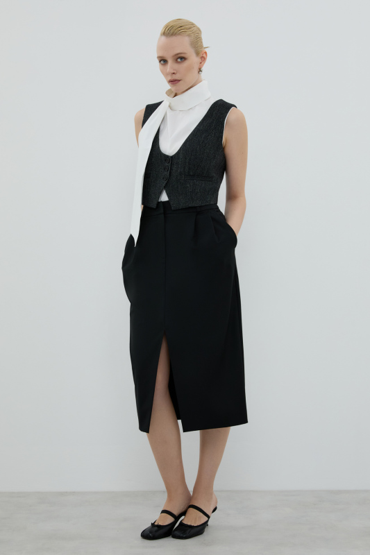 Çift Pileli Önü Yırtmaçlı Midi Boy Etek Siyah - 3