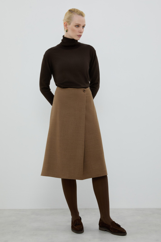Yün Karışımlı Pili Detaylı Midi Boy Etek Kahve - 3