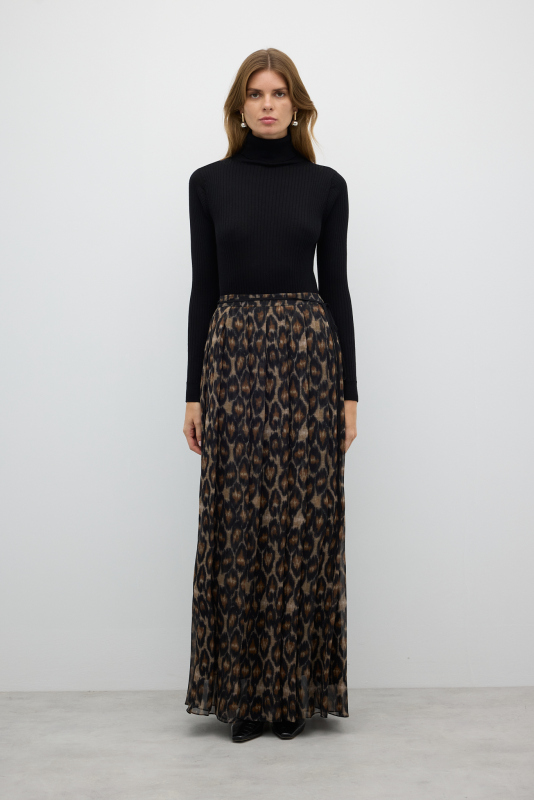 Leopar Desenli Pileli Uzun Etek Standart Renk - Roman