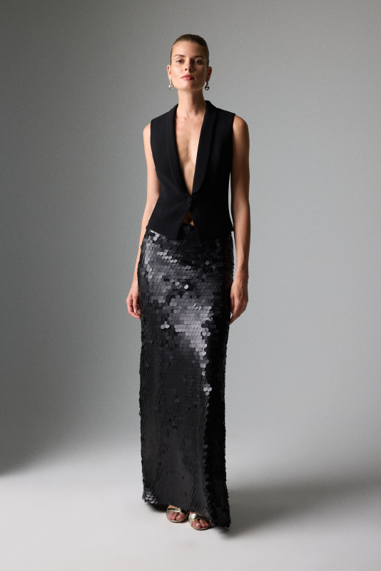 Payetli Uzun Etek Siyah - Roman