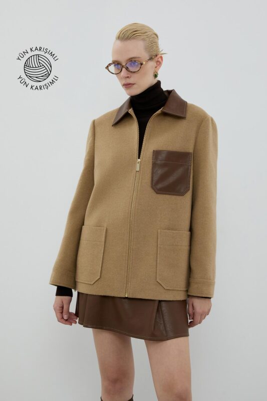 Yün Karışımlı Deri Detaylı Ceket Camel - 1