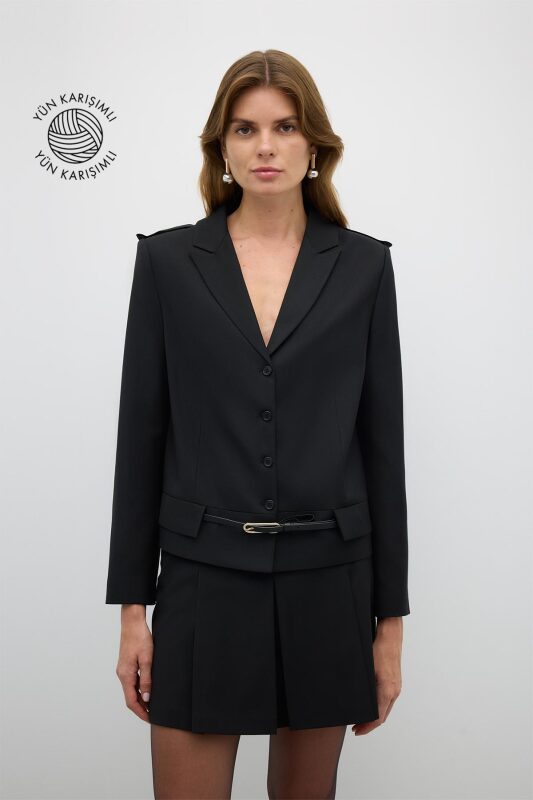 Erkek Yaka Çıkarılabilir Kemerli Ceket Siyah - Roman