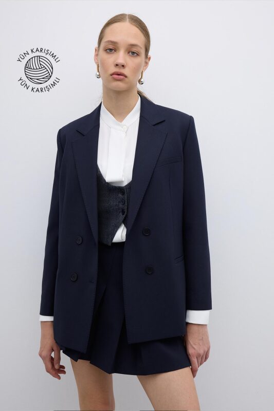Punto Dikişli Kruvaze Blazer Ceket Lacivert - Roman