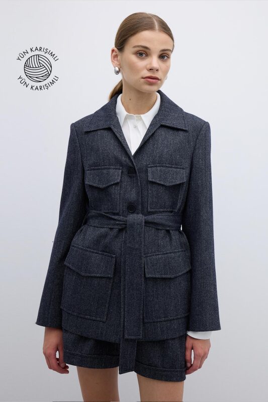 Yün Karışımlı Beli Kemerli Ceket Lacivert - Roman