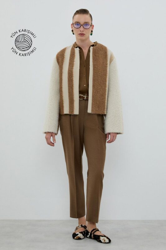 Yün Karışımlı Bisiklet Yaka Ceket Camel - Bej - 1