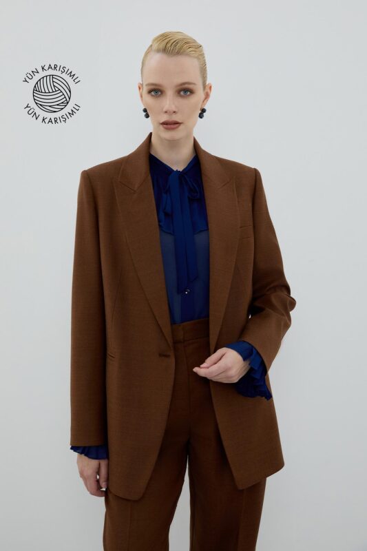 Yün Karışımlı Fleto Cepli Ceket Kahve - 1