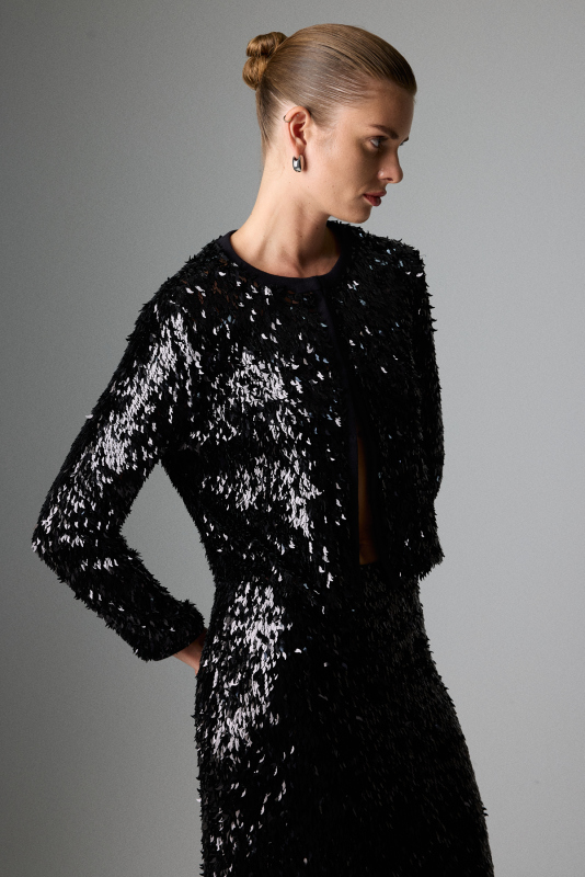 Bisiklet Yaka Payet Ceket Siyah - 5