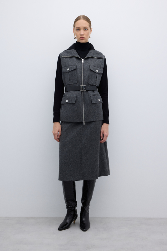 %100 Yün Beli Seyyar Kemerli Fermuarlı Yelek Koyu Gri - 3