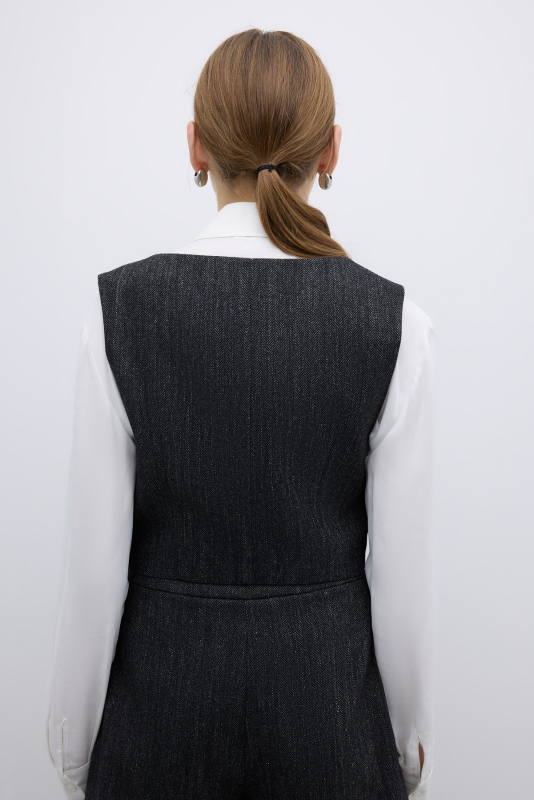 Yün Karışımlı U Yaka Önü Düğmeli Yelek Siyah - 2