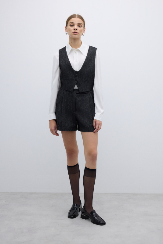 Yün Karışımlı U Yaka Önü Düğmeli Yelek Siyah - 6