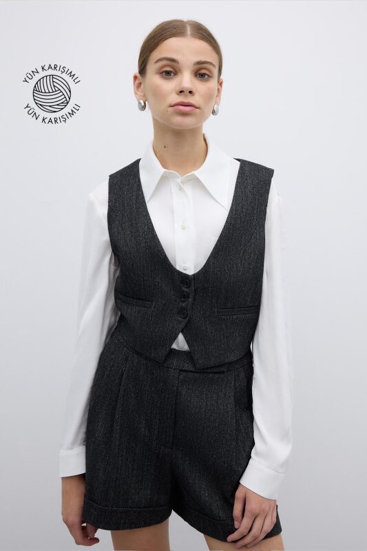 Yün Karışımlı U Yaka Önü Düğmeli Yelek Siyah - 1