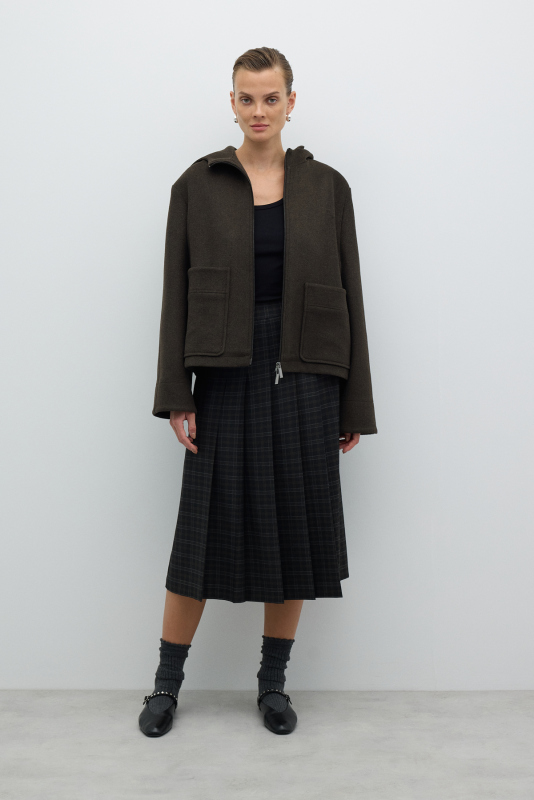 Yün Karışımlı Fermuar Detaylı Kapüşonlu Mont Haki - 3