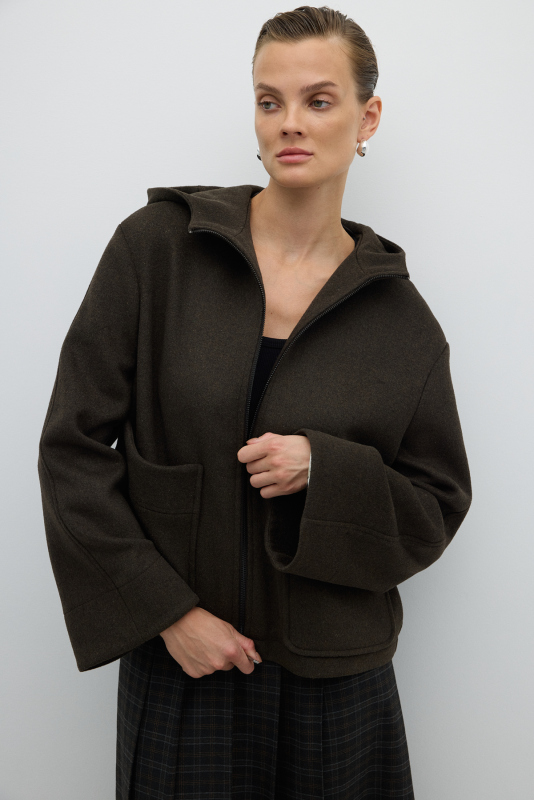 Yün Karışımlı Fermuar Detaylı Kapüşonlu Mont Haki - 5