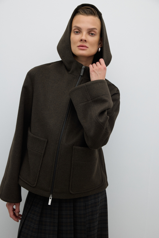 Yün Karışımlı Fermuar Detaylı Kapüşonlu Mont Haki - 7