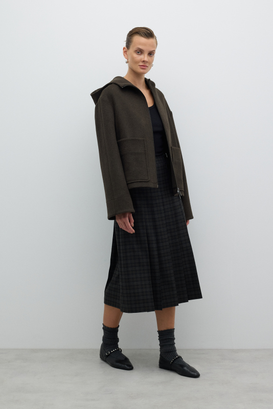 Yün Karışımlı Fermuar Detaylı Kapüşonlu Mont Haki - 4