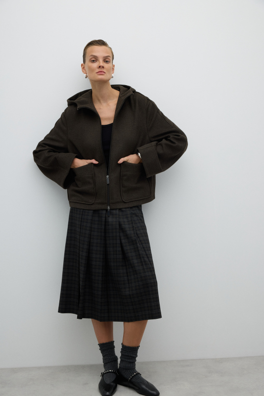 Yün Karışımlı Fermuar Detaylı Kapüşonlu Mont Haki - 6