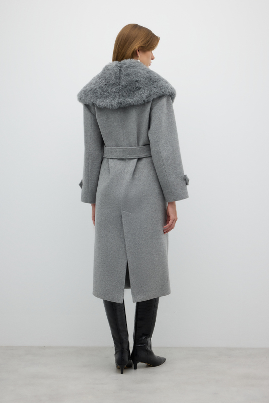 Çıkarılabilir Kürk Yakalı Kruvaze Yün Kaban Gri - 2
