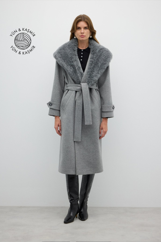 Çıkarılabilir Kürk Yakalı Kruvaze Yün Kaban Gri - 1