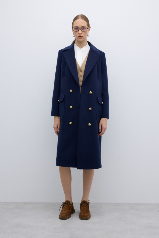 %100 Yün Gold Düğmeli Kruvaze Kaban Lacivert - 5