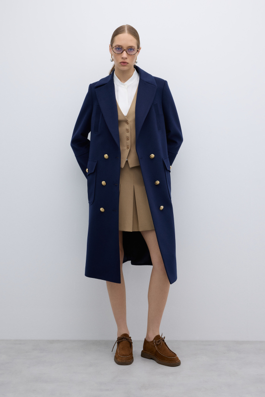 %100 Yün Gold Düğmeli Kruvaze Kaban Lacivert - 6