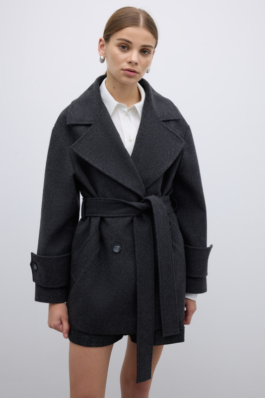 Yün Karışımlı Kruvaze Beli Kemerli Kaban Antrasit - 3