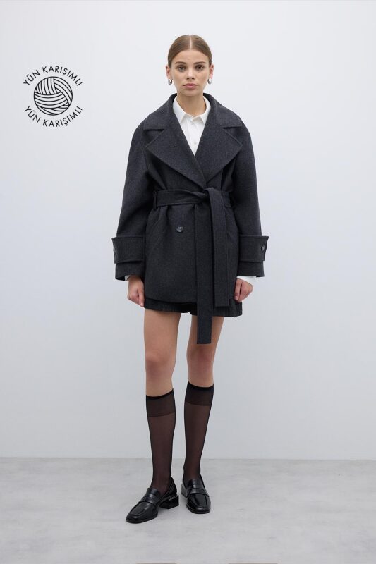 Yün Karışımlı Kruvaze Beli Kemerli Kaban Antrasit - 1