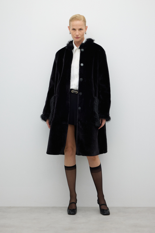 Önden Çıtçıtlı Çift Cepli Kürk Kaban Siyah - 1