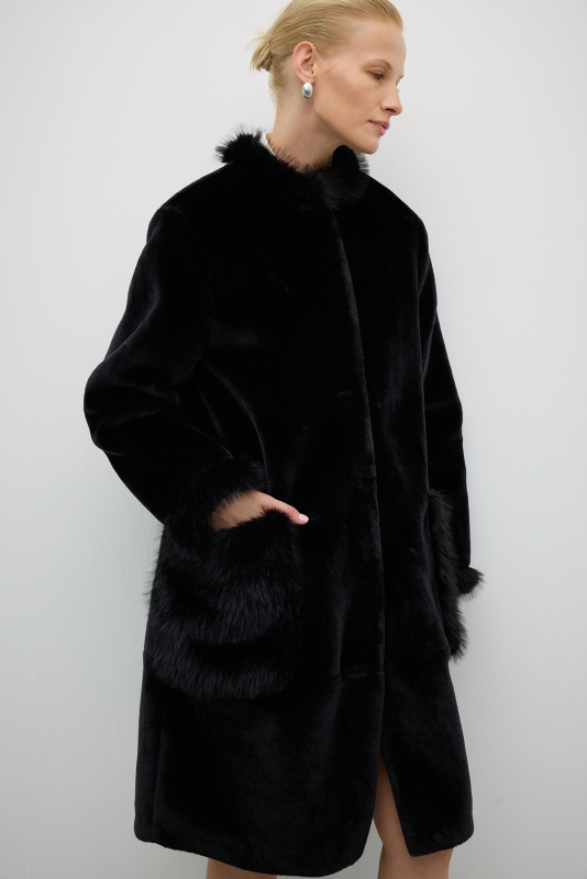 Önden Çıtçıtlı Çift Cepli Kürk Kaban Siyah - 4