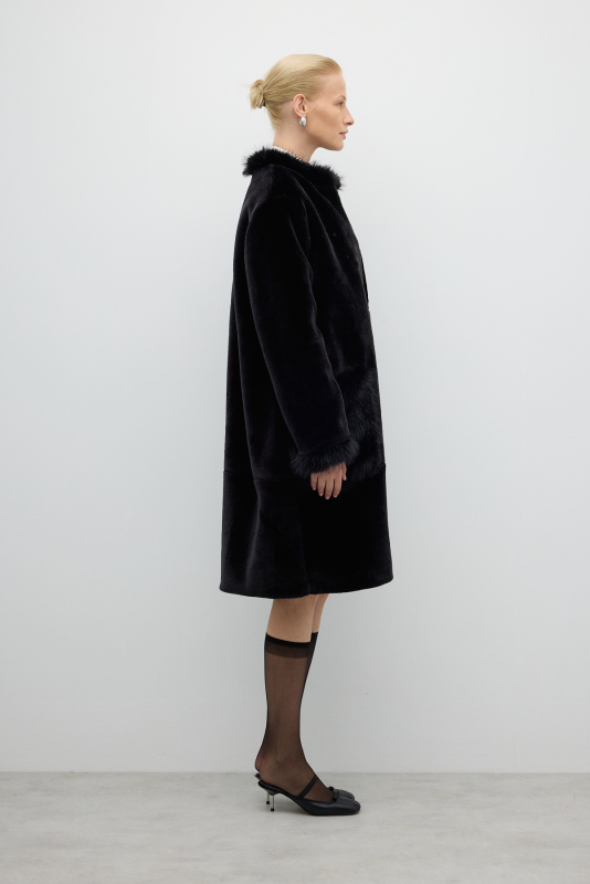 Önden Çıtçıtlı Çift Cepli Kürk Kaban Siyah - 3