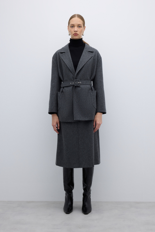 %100 Yün Beli Seyyar Kemerli Kaban Koyu Gri - 4