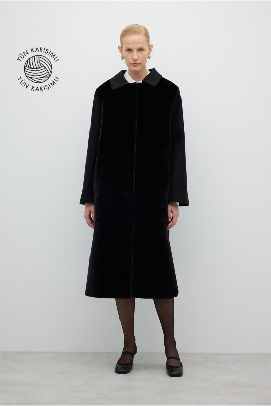 Önü Kürt Detaylı Kaban Siyah - 1