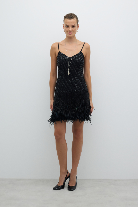 Siyah Cam Boncuk Detaylı Askılı Mini Elbise Siyah - 1