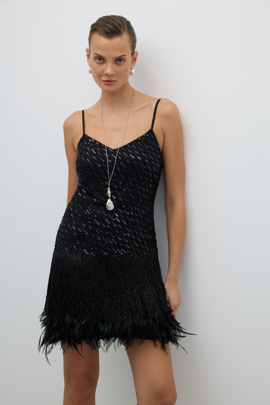 Siyah Cam Boncuk Detaylı Askılı Mini Elbise Siyah - 3