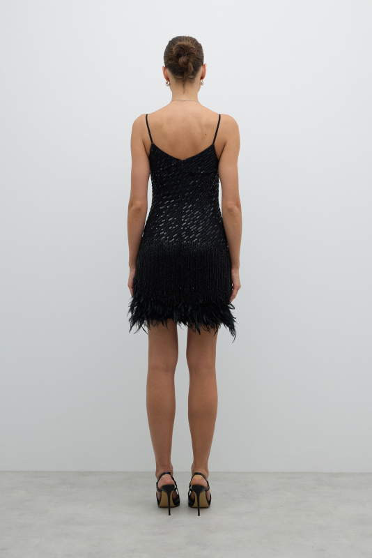 Siyah Cam Boncuk Detaylı Askılı Mini Elbise Siyah - 2