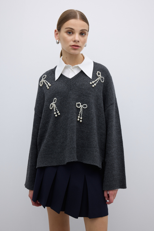 V Yaka İnci Detaylı Triko Antrasit - 1